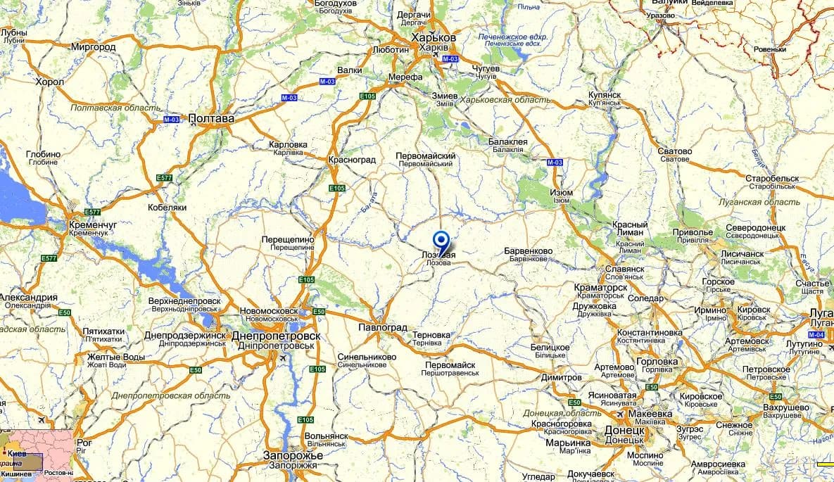 Докладна карта регіону з дорогами, населеними пунктами та маркером на певній локації