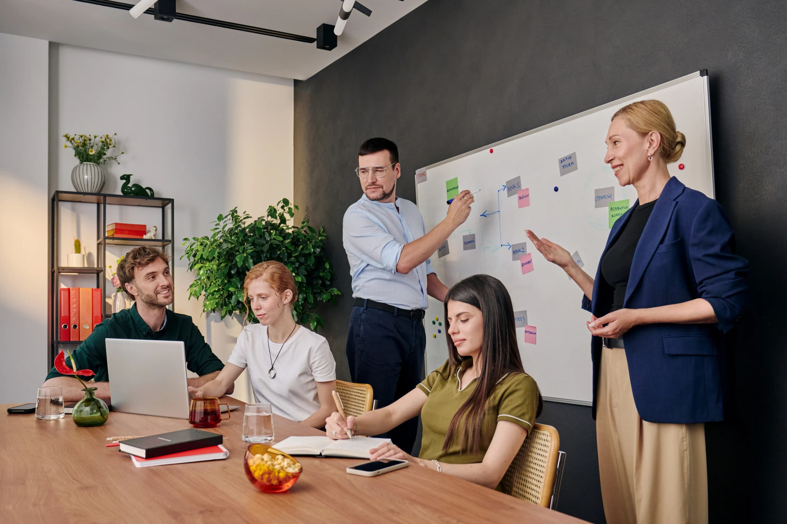 Команда з п’яти людей працює над ідеями біля дошки під час офісної наради