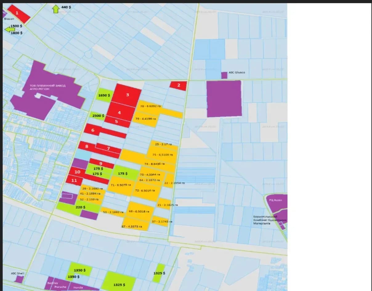 Карта із земельними ділянками позначеними різними кольорами