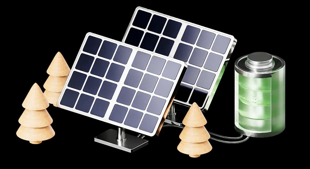 Дві сонячні панелі під’єднані до зеленої батареї, оточені декоративними деревцями