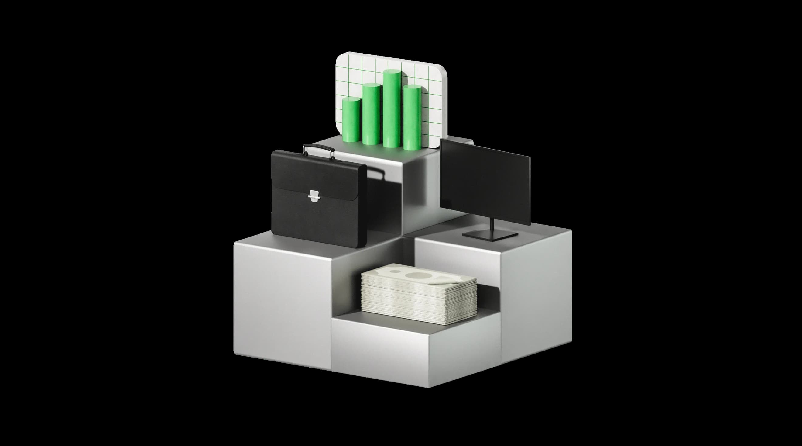 Робочий портфель, ноутбук і стопка банкнот на білих платформах поруч із зеленою діаграмою