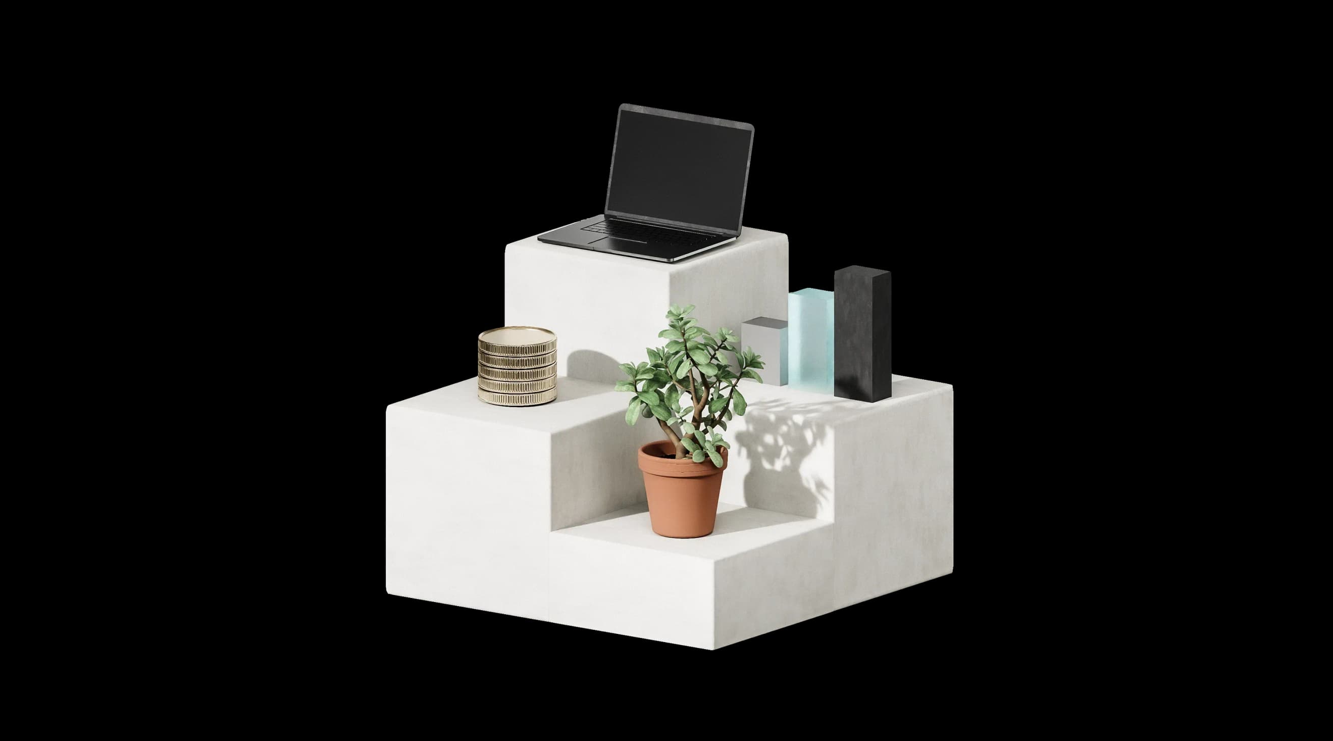 Ноутбук, горщик із рослиною, монети і стовпчики діаграми на білій платформі