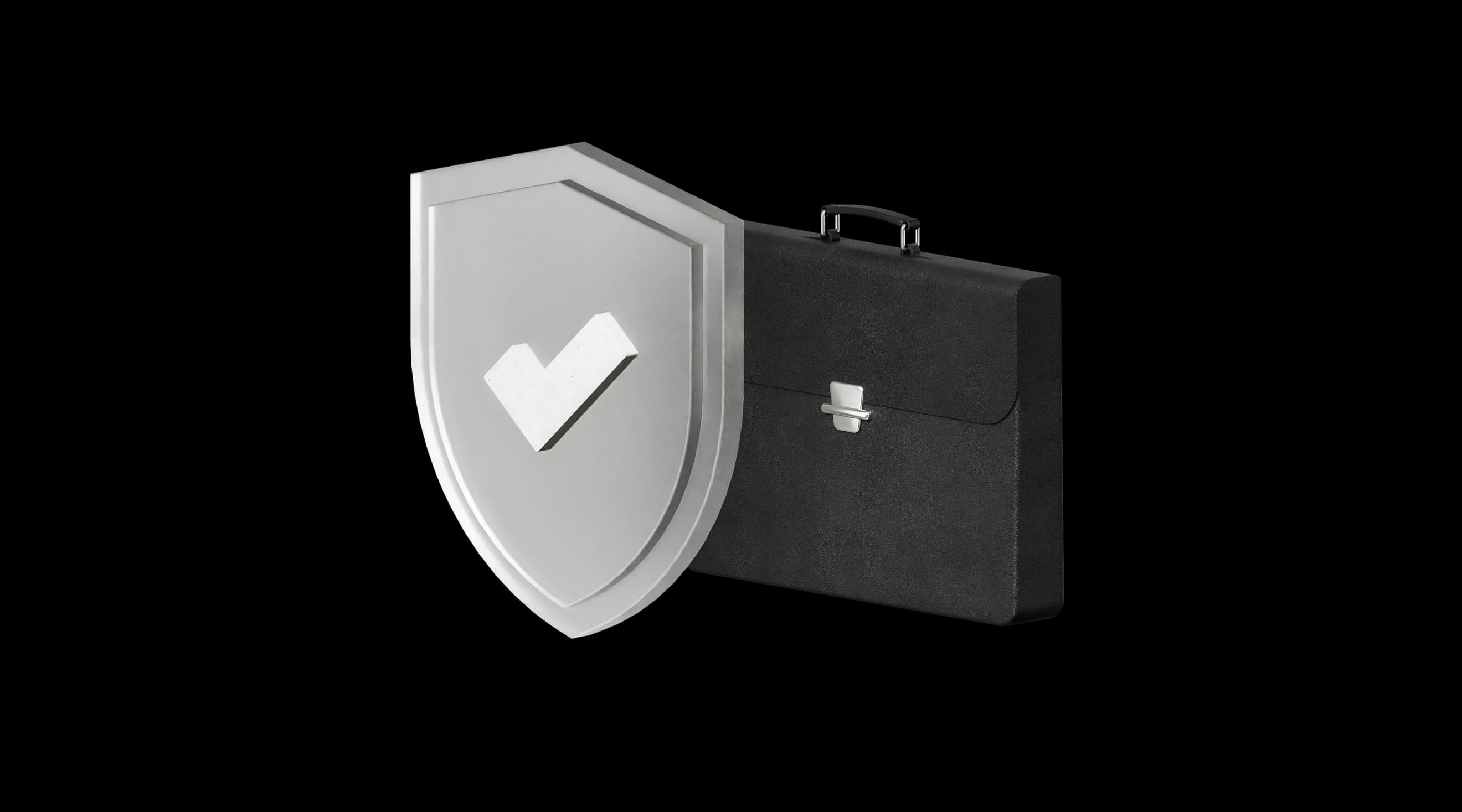 Срібний щит з галочкою на тлі чорного ділового кейса