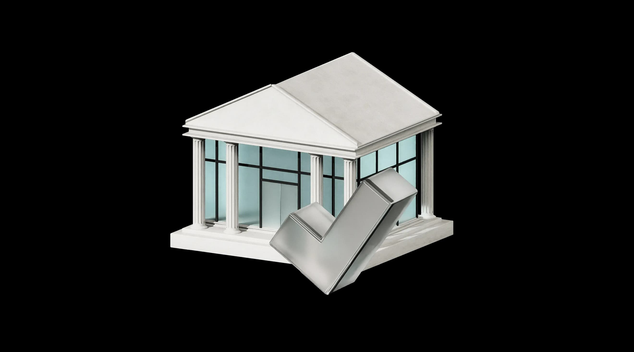 Об'ємна модель банку зі срібною галочкою поруч