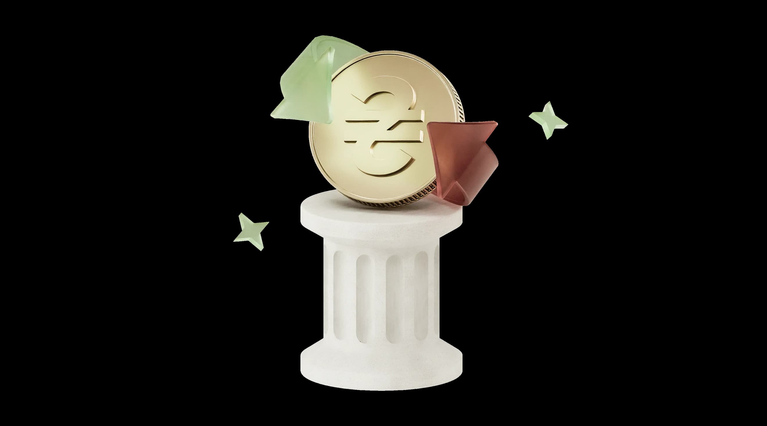 Золота монета на білому колонному постаменті з кольоровими об’ємними стрілками та зірками