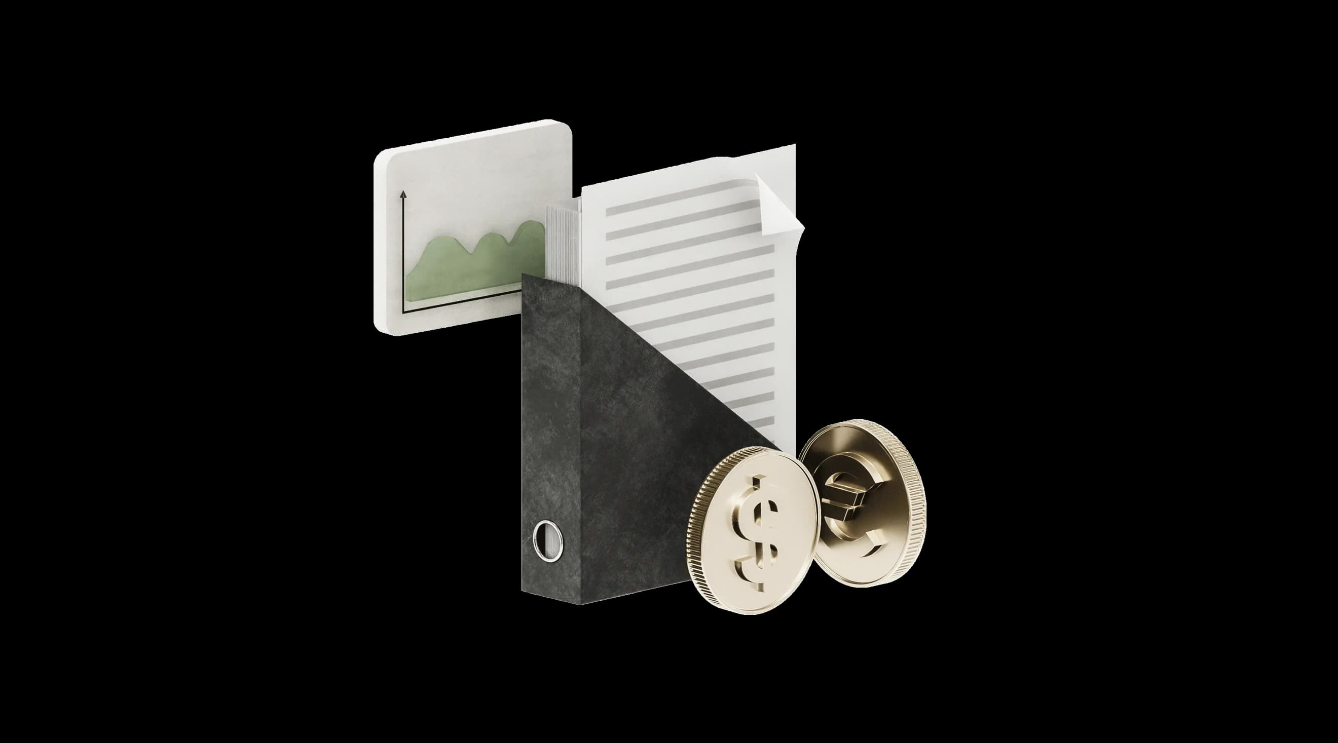 Монети та документи поруч із темною папкою‑реєстратором і діаграмою