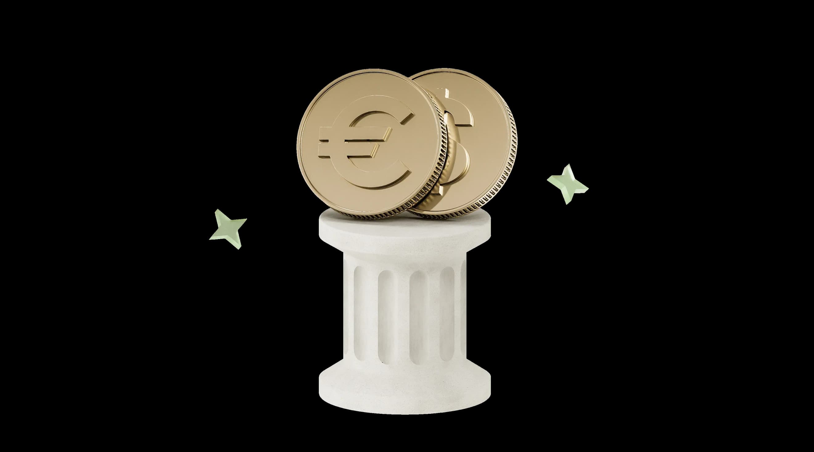 Дві золоті монети на білому колонному постаменті з декоративними зірками