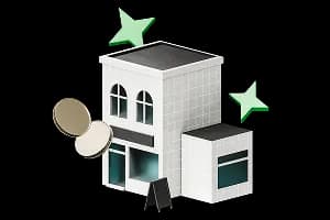 Будівля з вітринами та вивіскою поруч із двома монетами та зеленими декоративними зірками