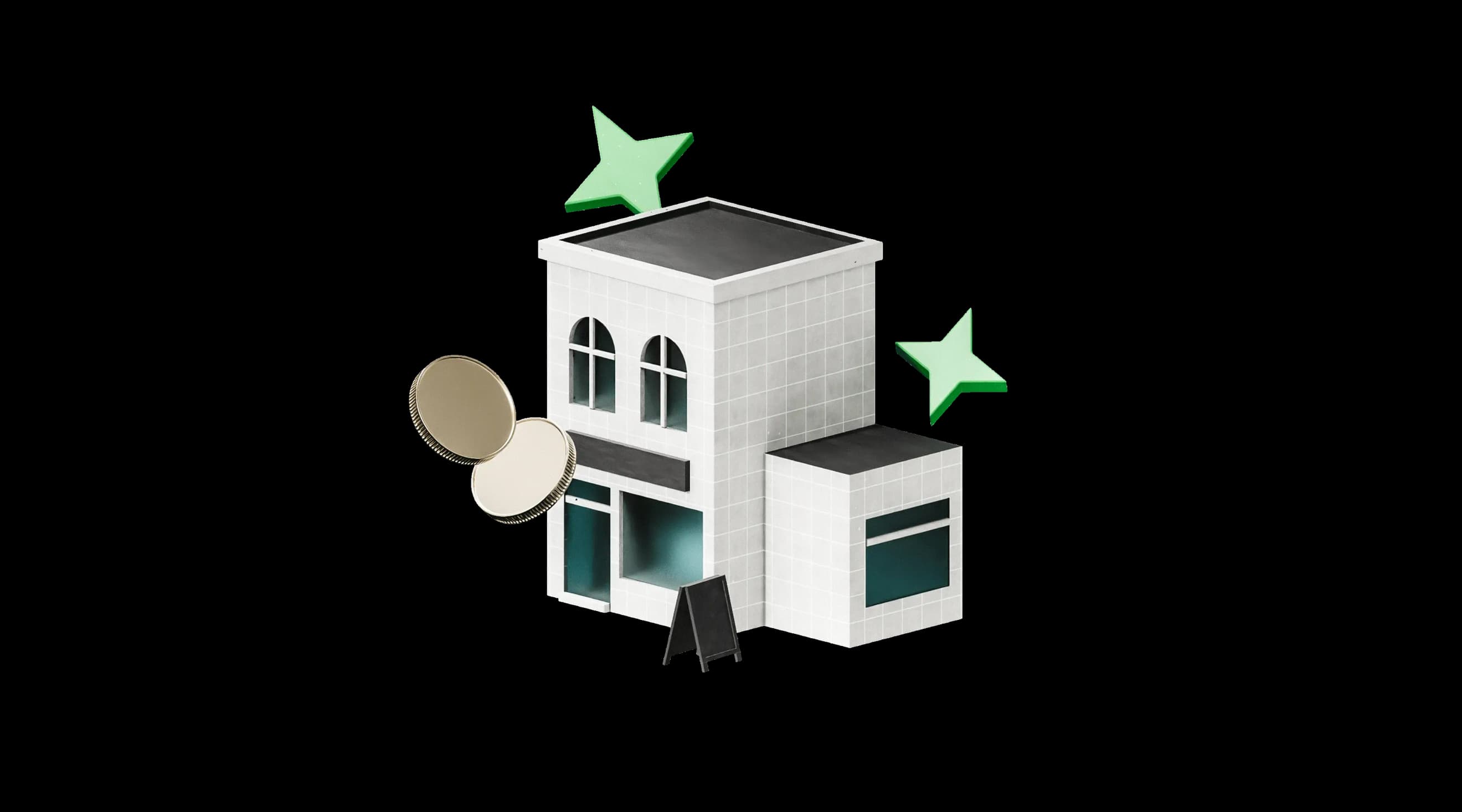 Будівля з вітринами та вивіскою поруч із двома монетами та зеленими декоративними зірками