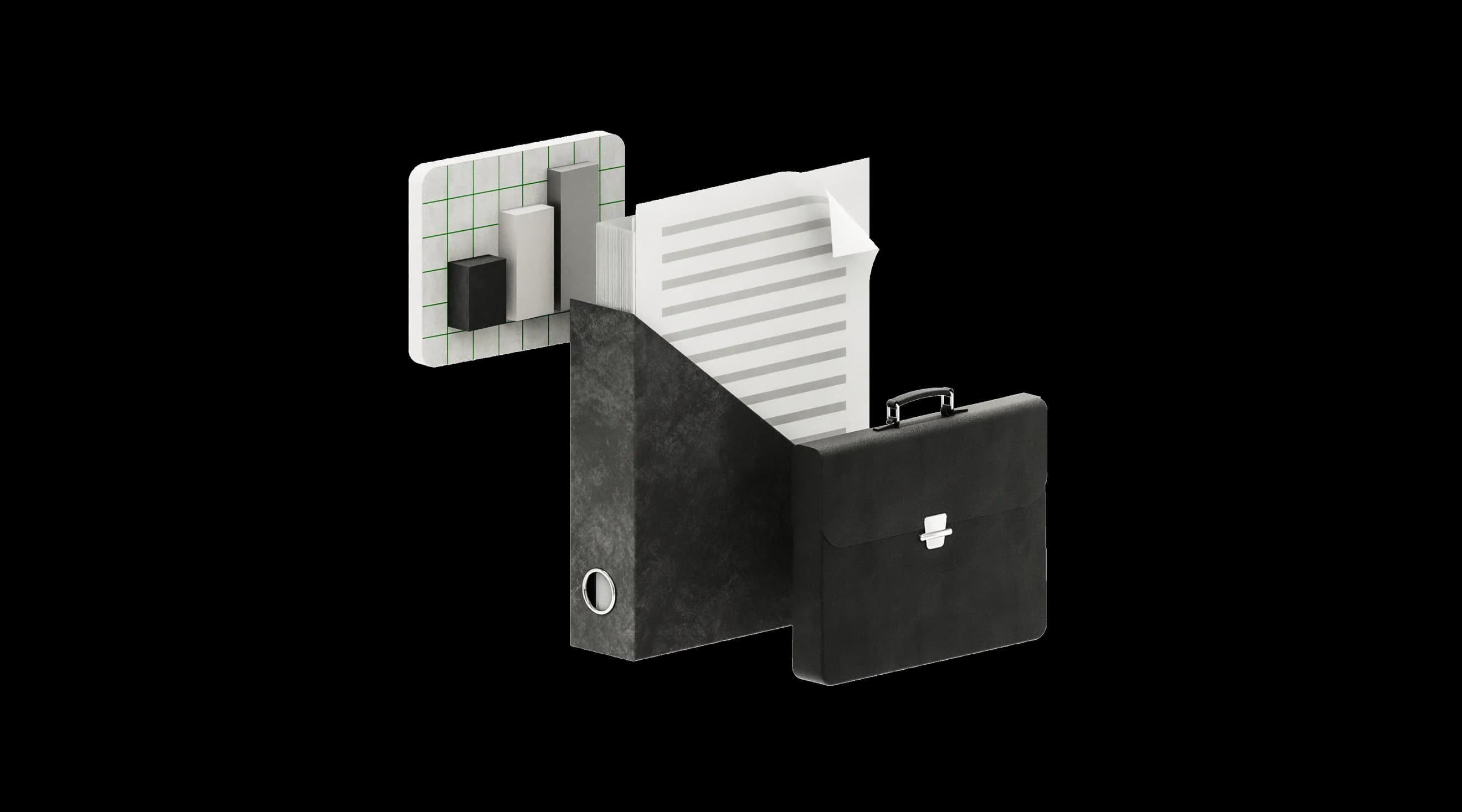 Документи та темна папка‑реєстратор поруч із чорним діловим портфелем та стовпчаста діаграма