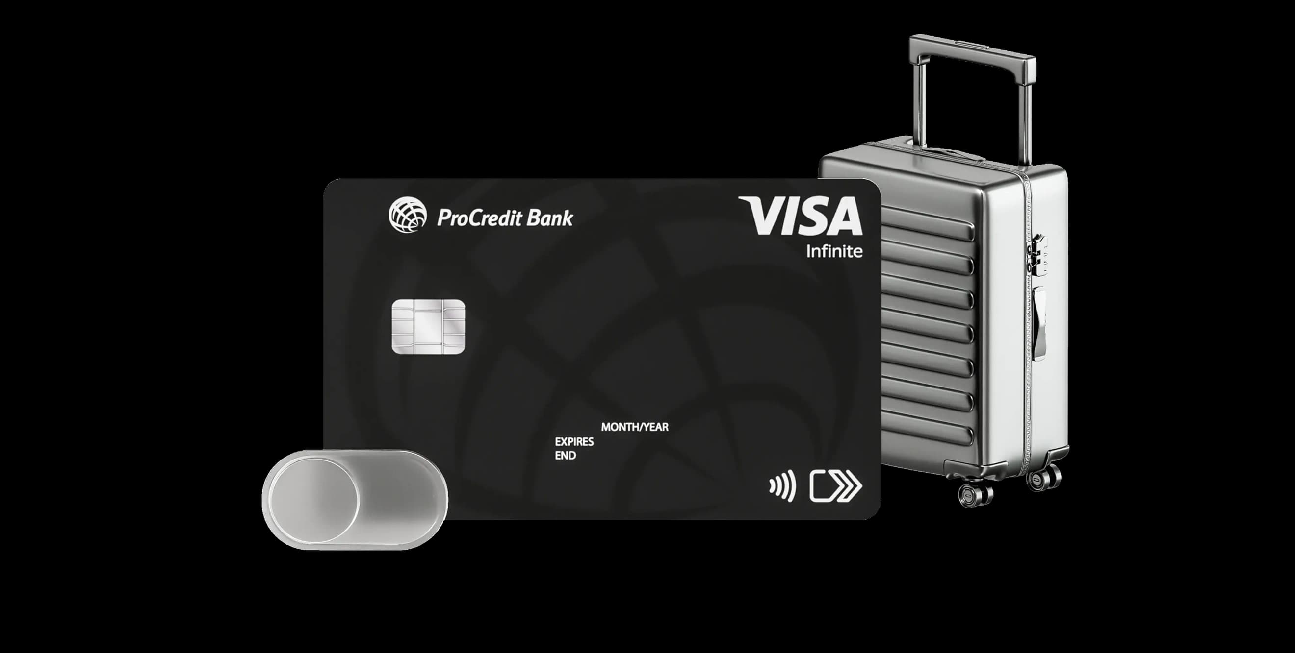 Банківська картка Visa Infinite у чорному оформленні поруч із металевою валізою