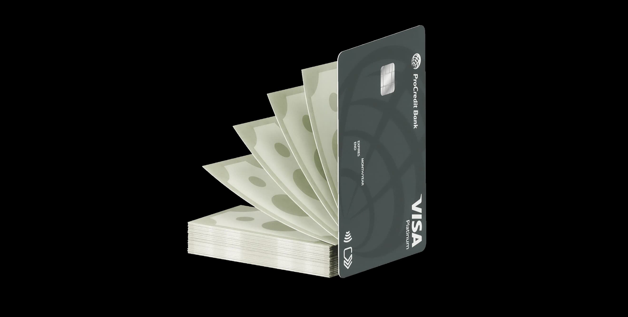 Банківська картка Visa Platinum у сірому дизайні поруч зі стосом банкнот