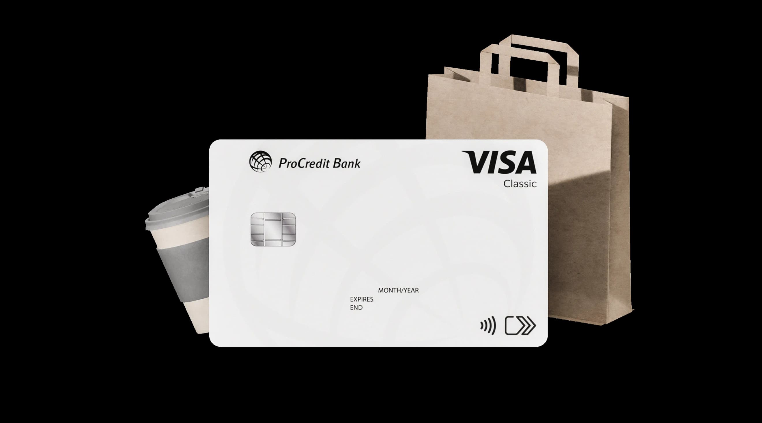 Біла банківська картка Visa Classic розміщена перед паперовими пакунками