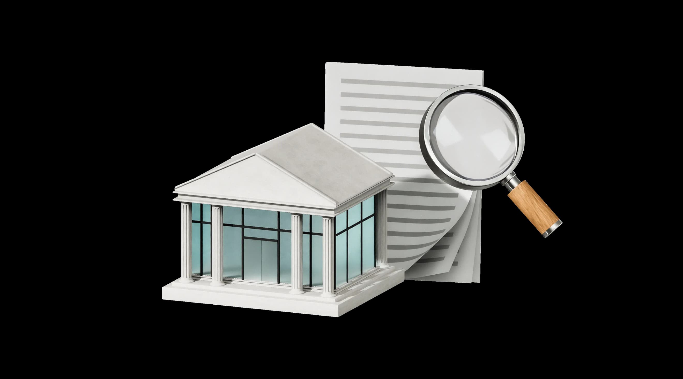 Модель будівлі банку з колонами поруч з документами і збільшувальним склом