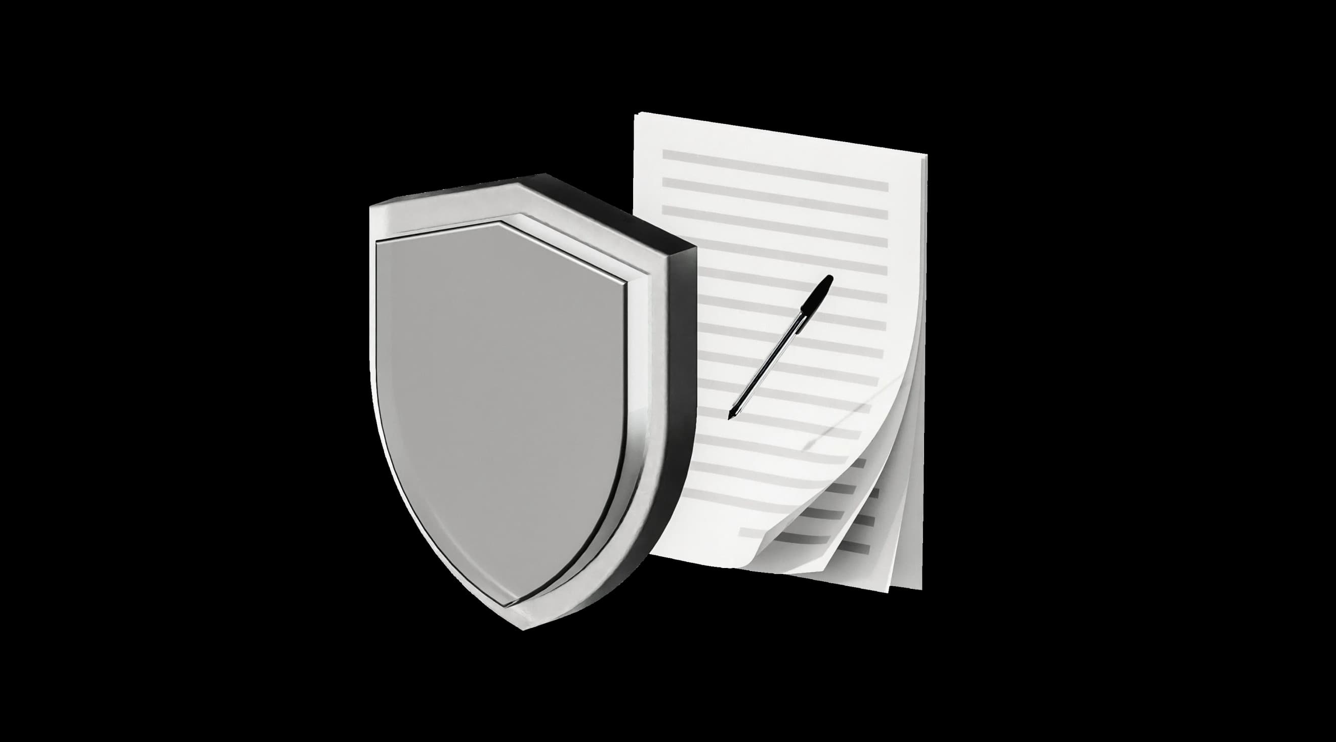 Срібний щит на тлі документів і кулькової ручки