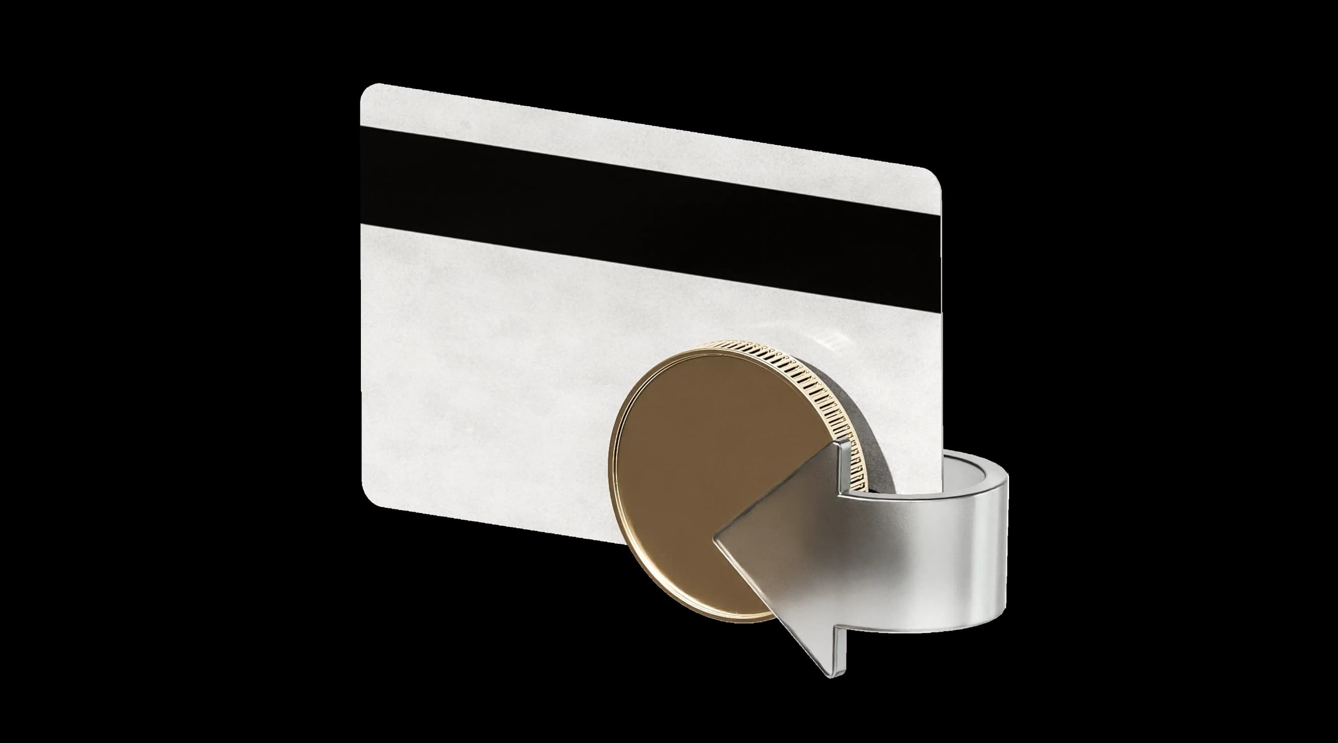 Банківська картка та золота монета поруч із металевою стрілкою, спрямованою вниз і вліво