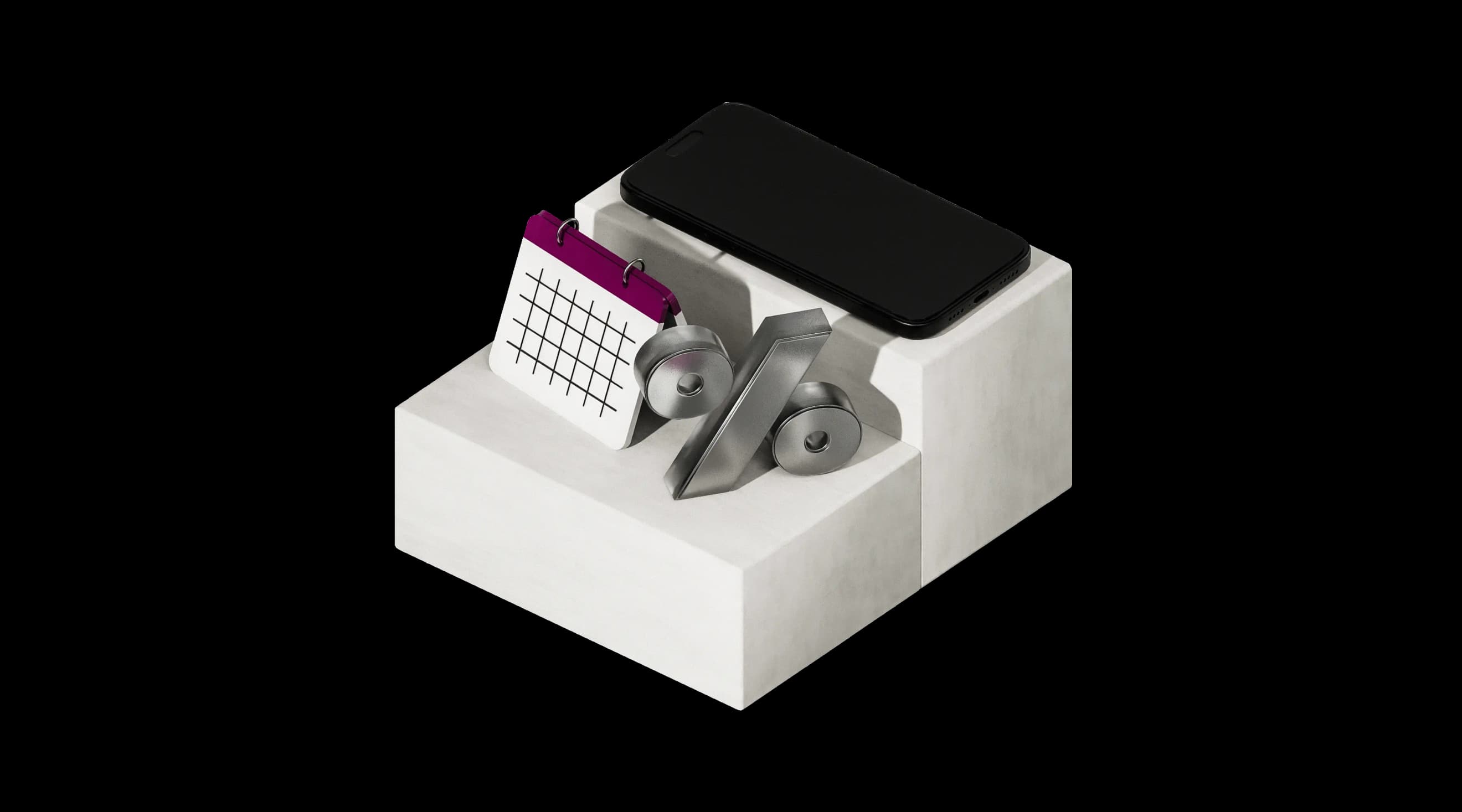 Смартфон, календар і металеві відсотки стоять на багаторівневій білій платформі