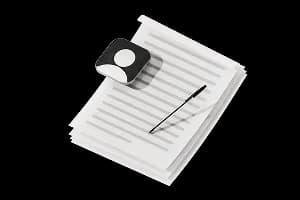 Документи з надрукованим текстом лежать у стопці, поруч розміщені значок профілю та ручка