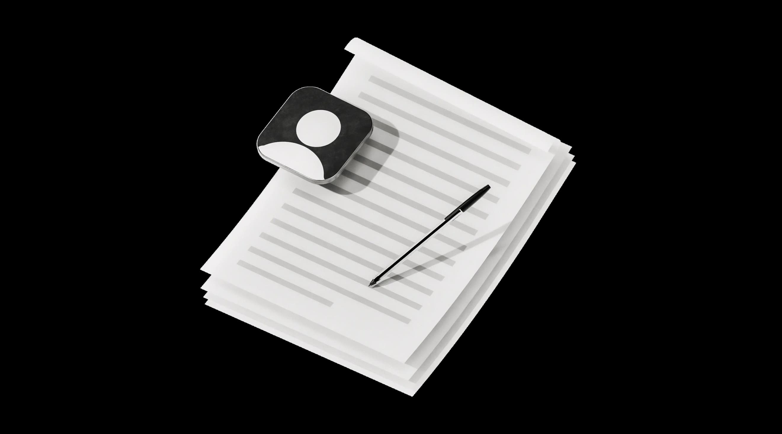 Документи з надрукованим текстом лежать у стопці, поруч розміщені значок профілю та ручка
