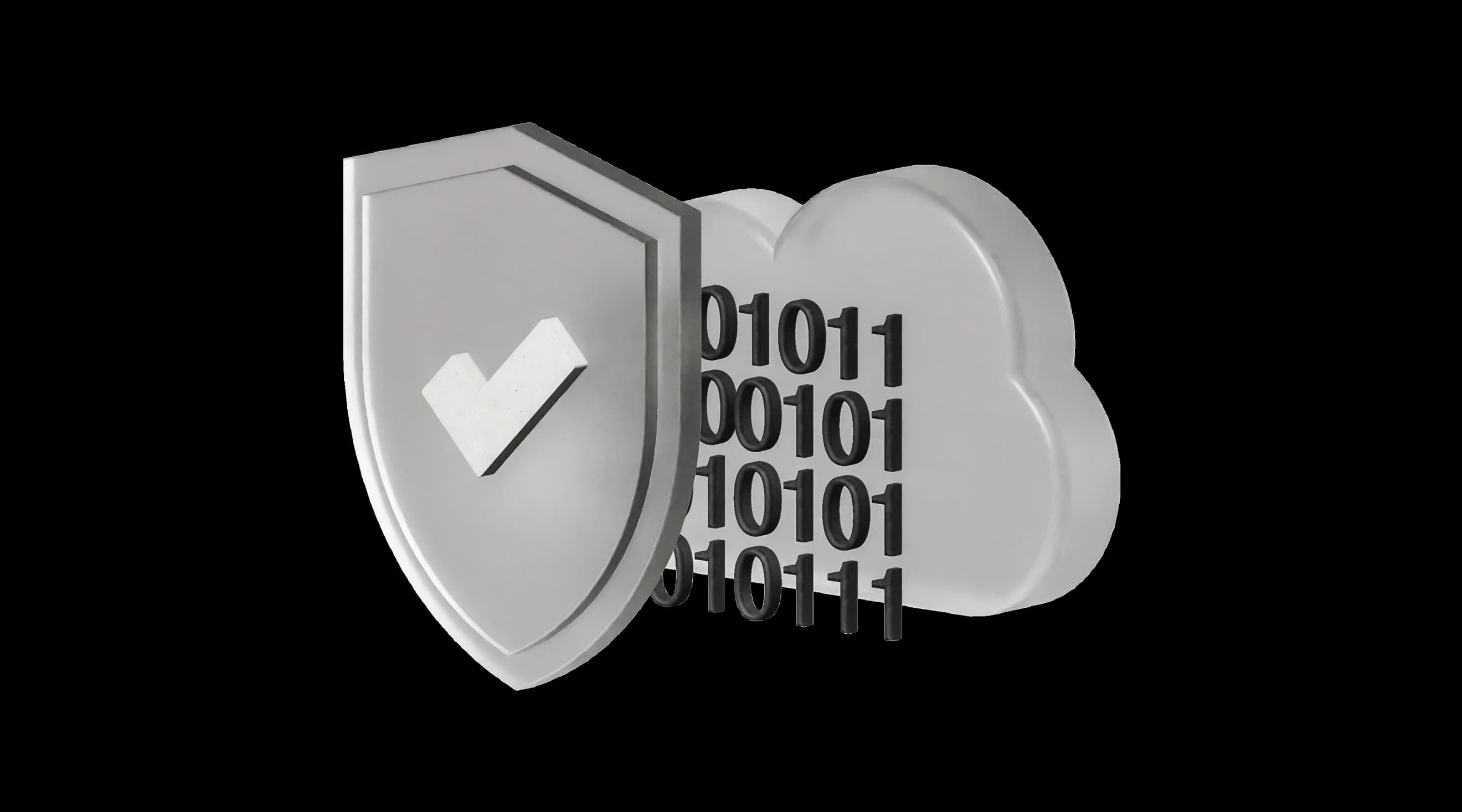 Щит із позначкою‑галочкою поруч із хмарою та бінарним кодом, що символізують захист даних