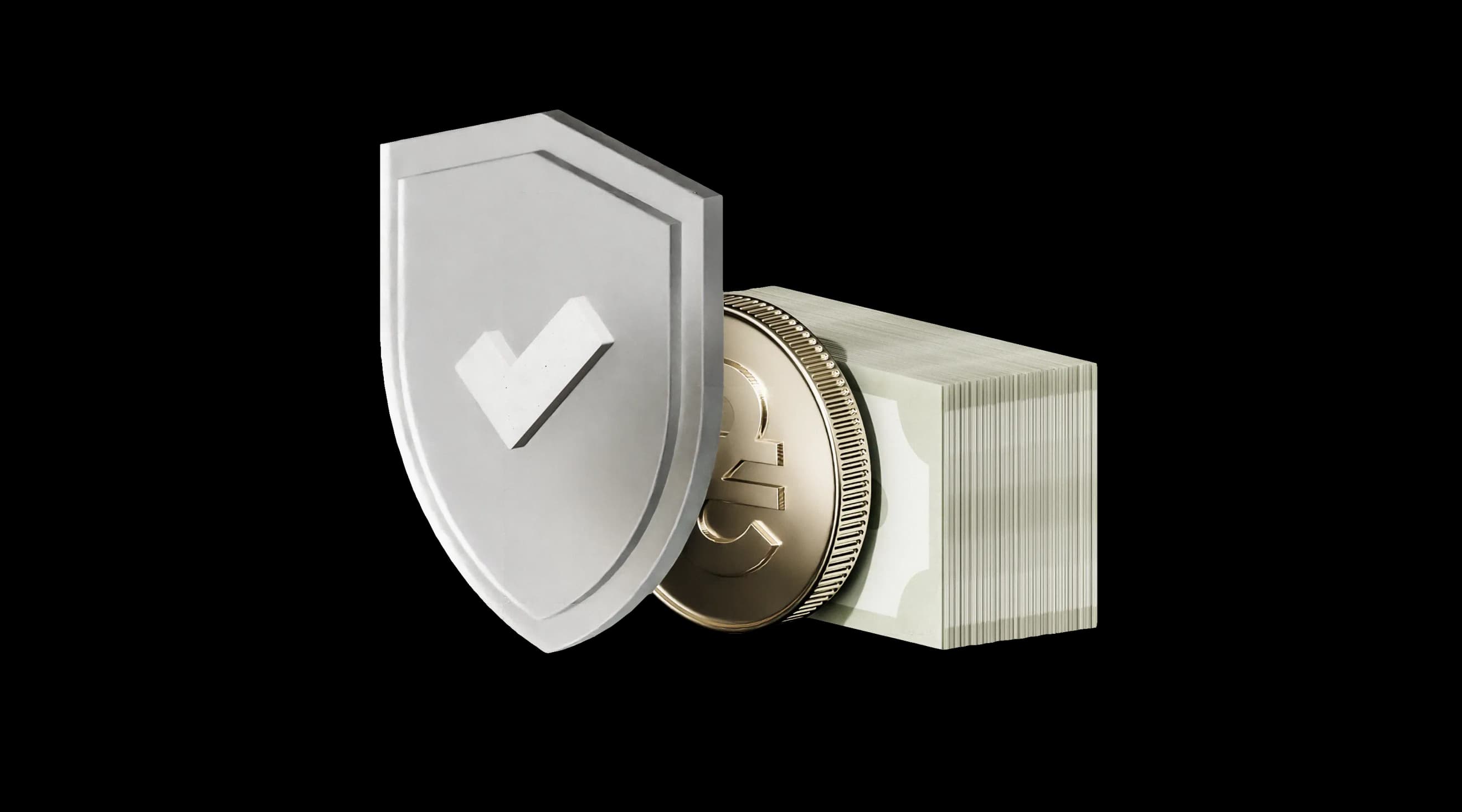 Щит стоїть перед стопкою банкнот і монетою