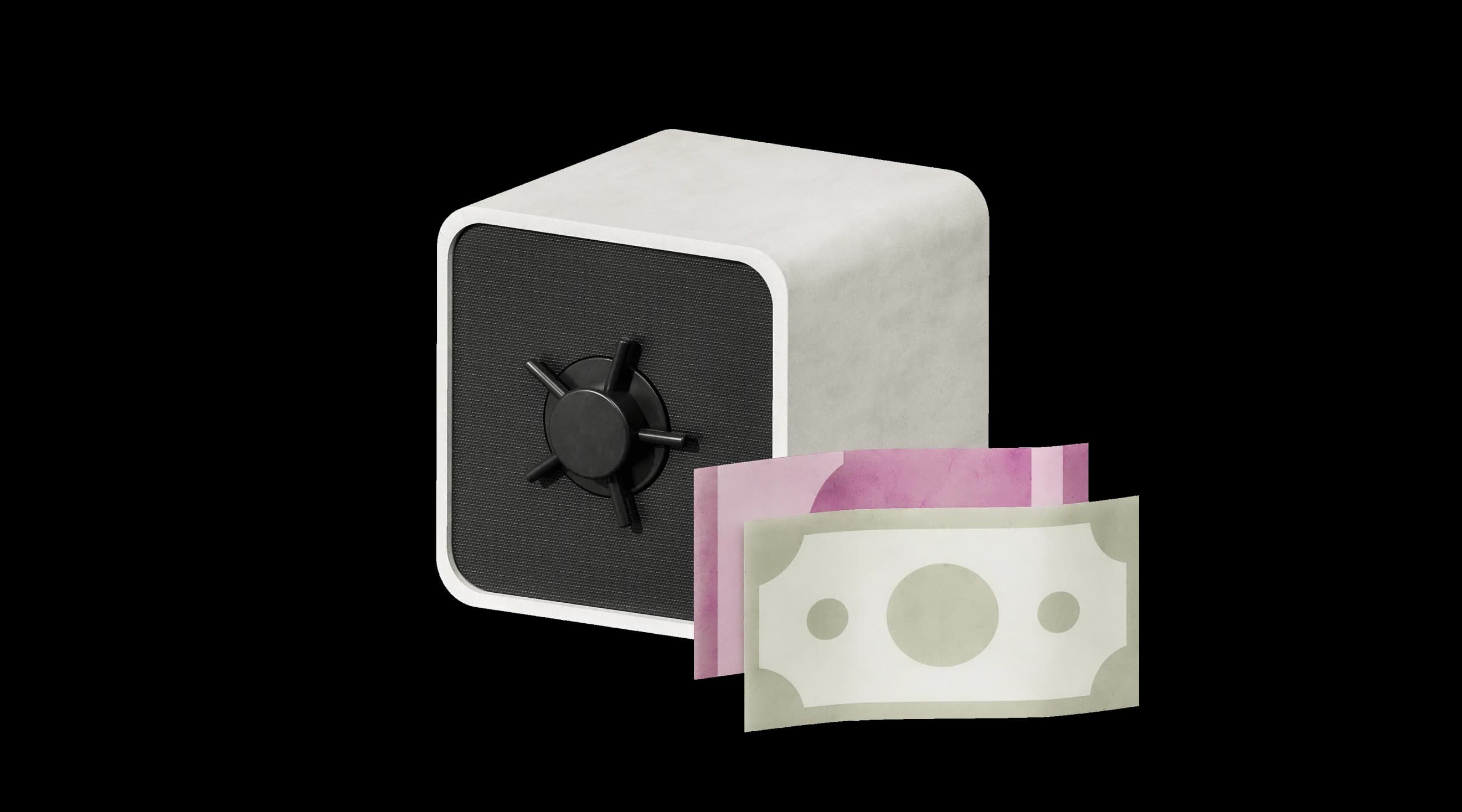 Сейф поруч із двома банкнотами рожевого та зеленого кольору