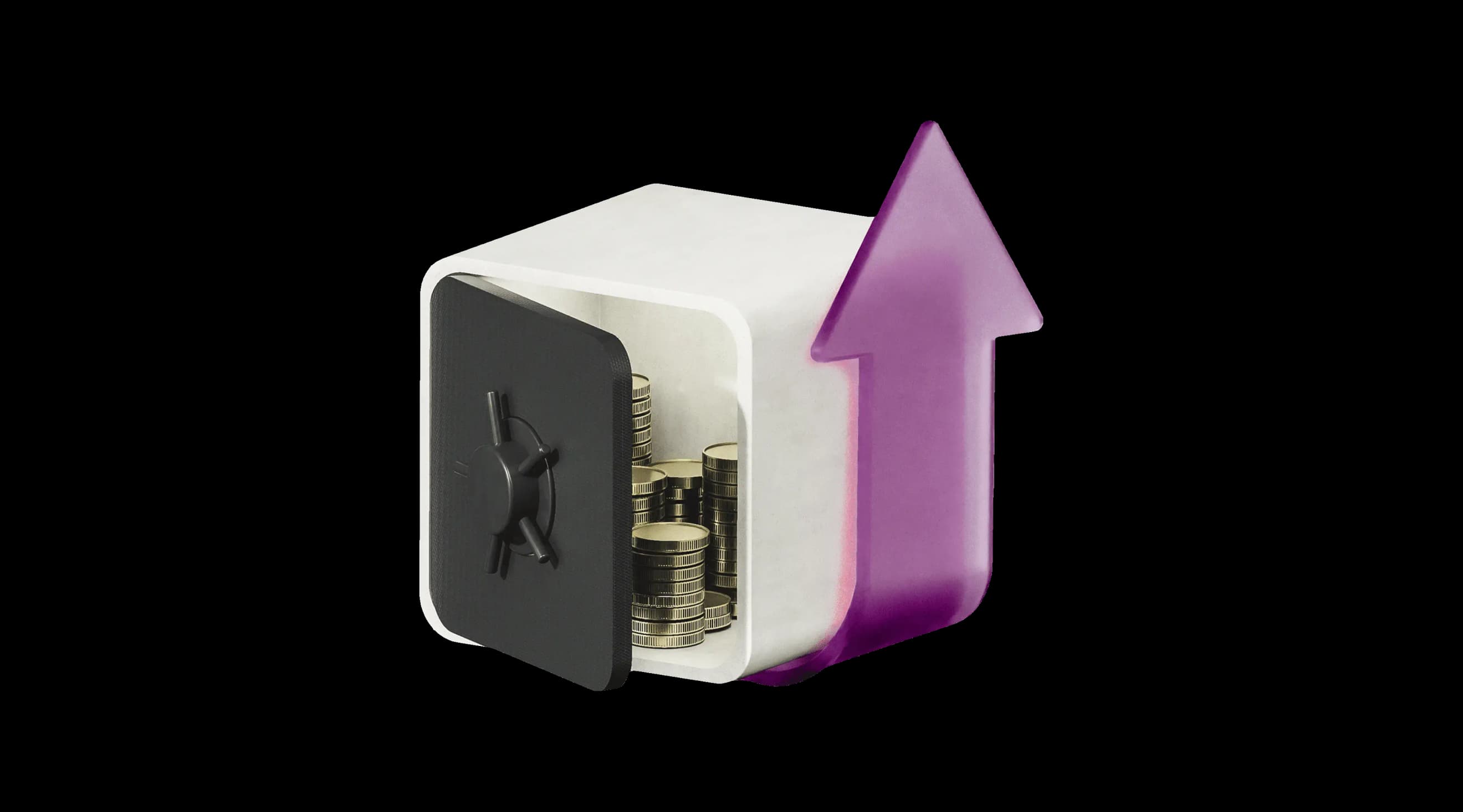 Відкритий сейф зі стрілкою, спрямованою вгору, у фіолетовому кольорі