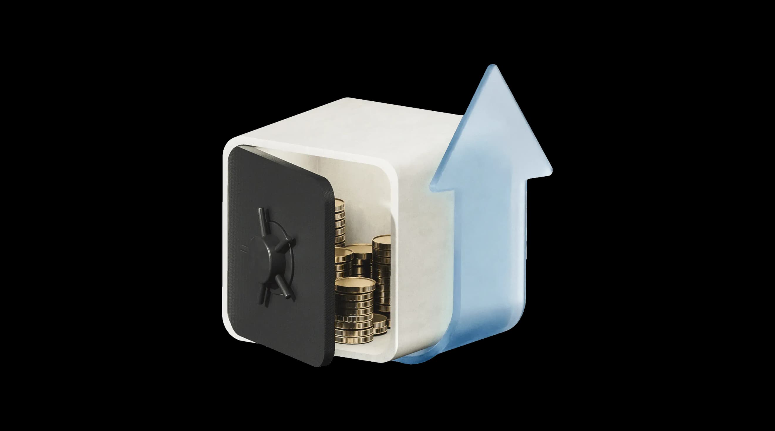 Відкритий сейф зі стрілкою, спрямованою вгору, у синьому кольорі