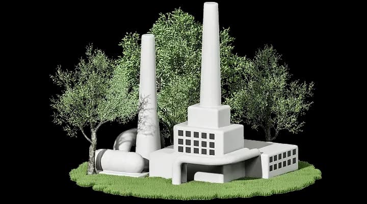 Промисловий комплекс із трубами, оточений зеленими деревами та газоном