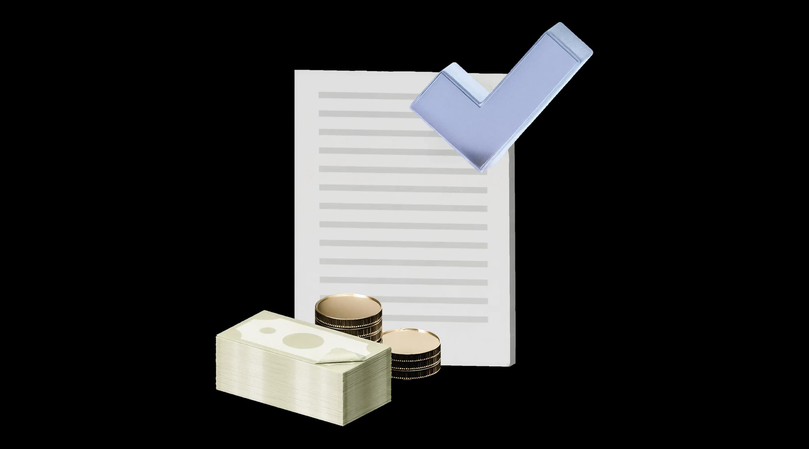 Документ, стос банкнот із монетами та велика блакитна позначка‑галочка