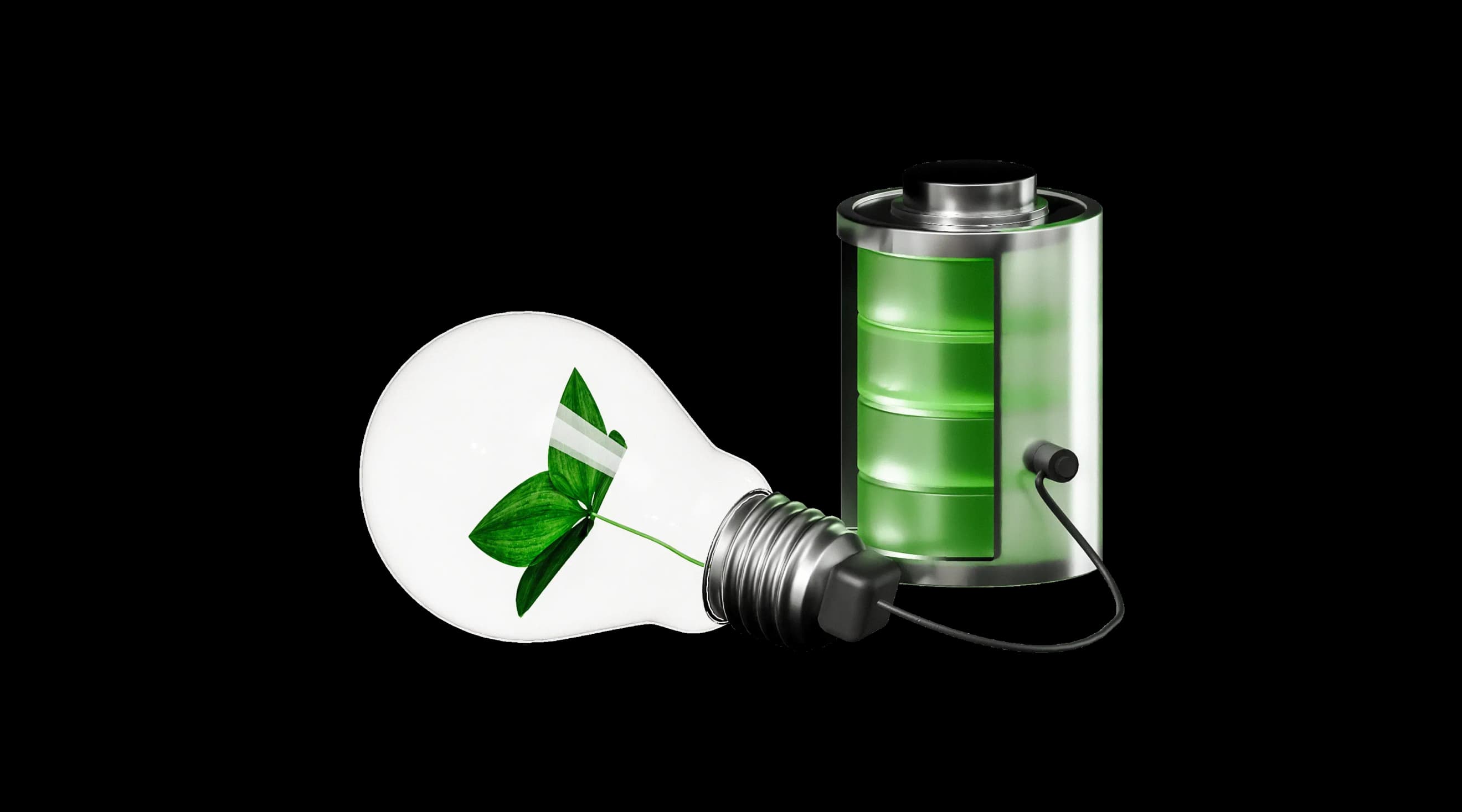 Лампочка з зеленою листковою ілюстрацією поруч із зарядженою зеленою батареєю
