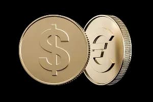 Дві золотисті монети з символами долара та євро