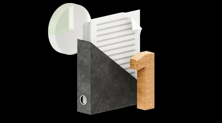 Підставка з документами та кругова діаграма поруч із дерев’яною цифрою один