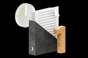 Підставка з документами та кругова діаграма поруч із дерев’яною цифрою один