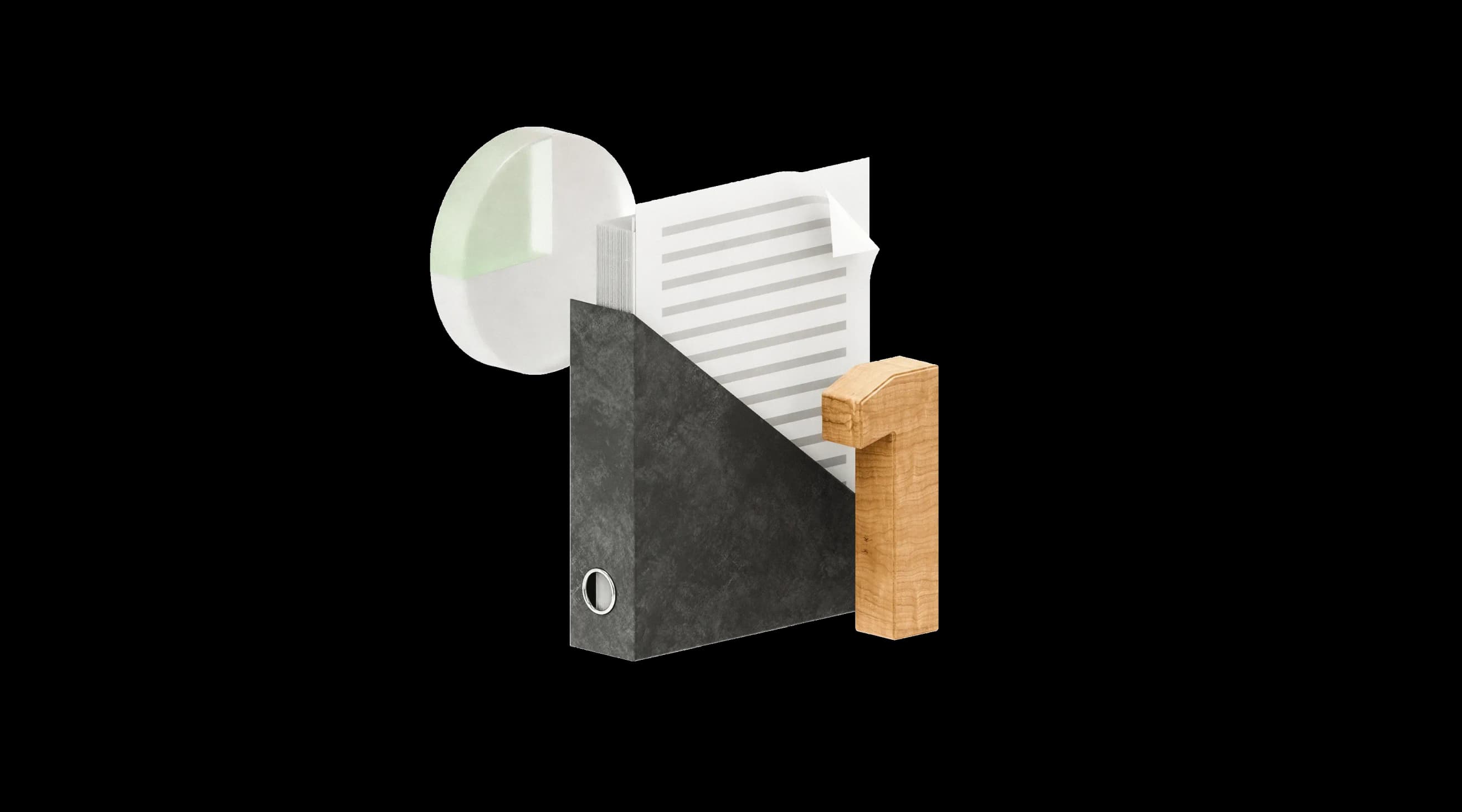 Підставка з документами та кругова діаграма поруч із дерев’яною цифрою один