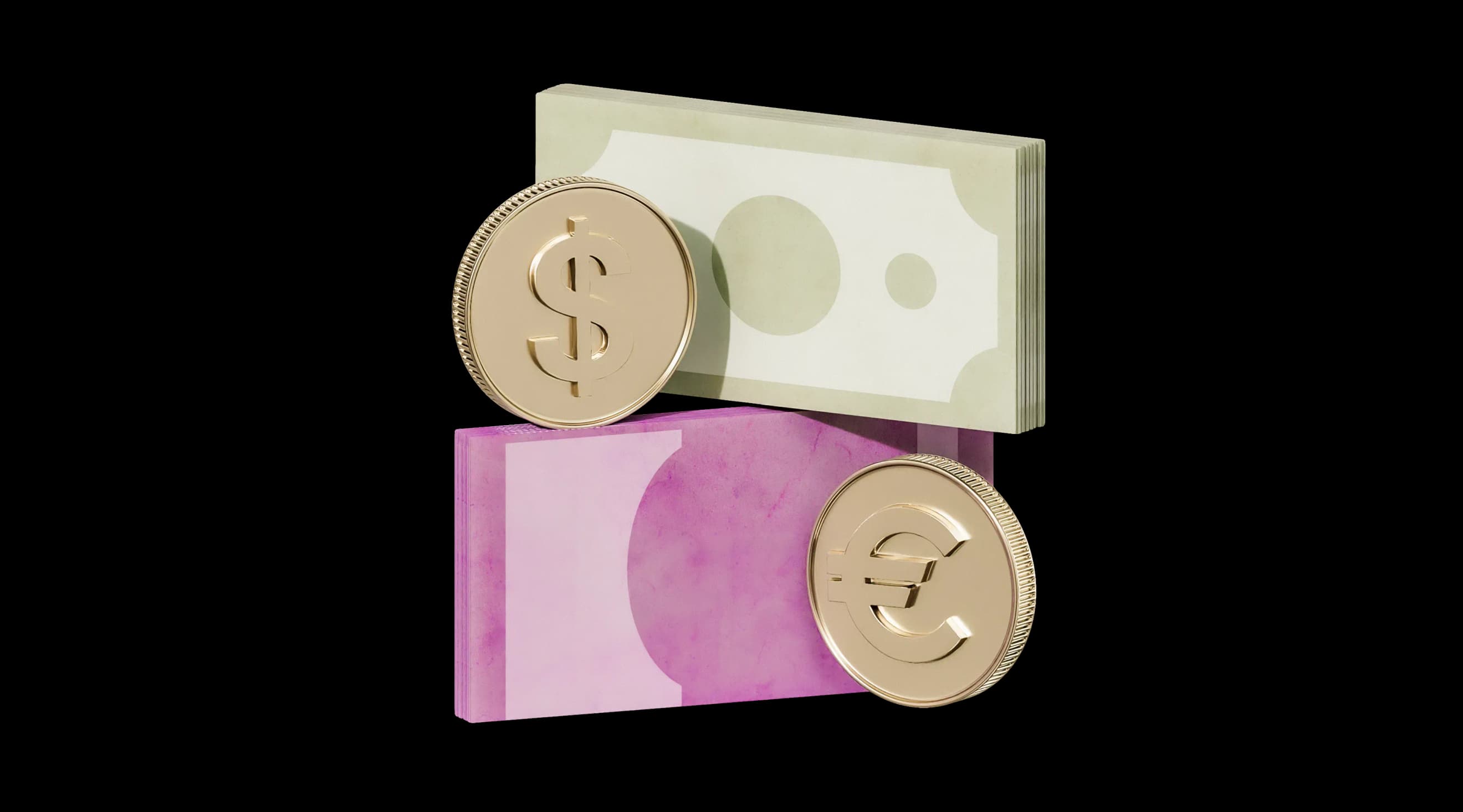 Пачки купюр та дві золотисті монети зі знаком долара та євро