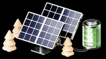 Дві сонячні панелі під’єднані до зеленої батареї, оточені декоративними деревцями