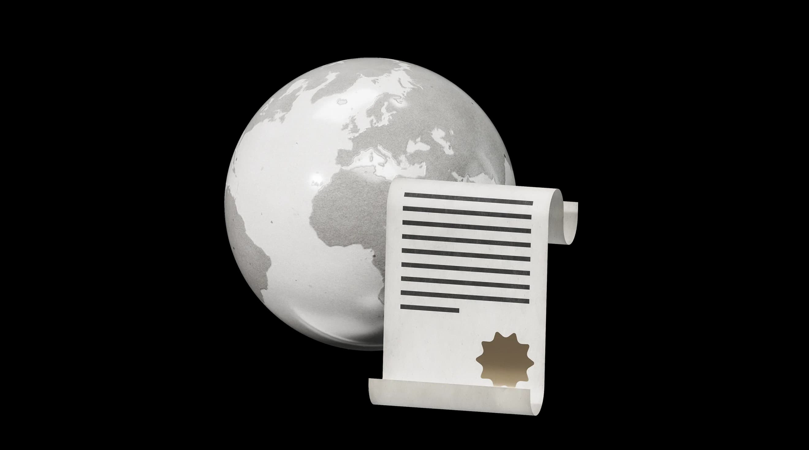 Глобус у світлих тонах поруч із сувоєм документа з текстом та золотою печаткою