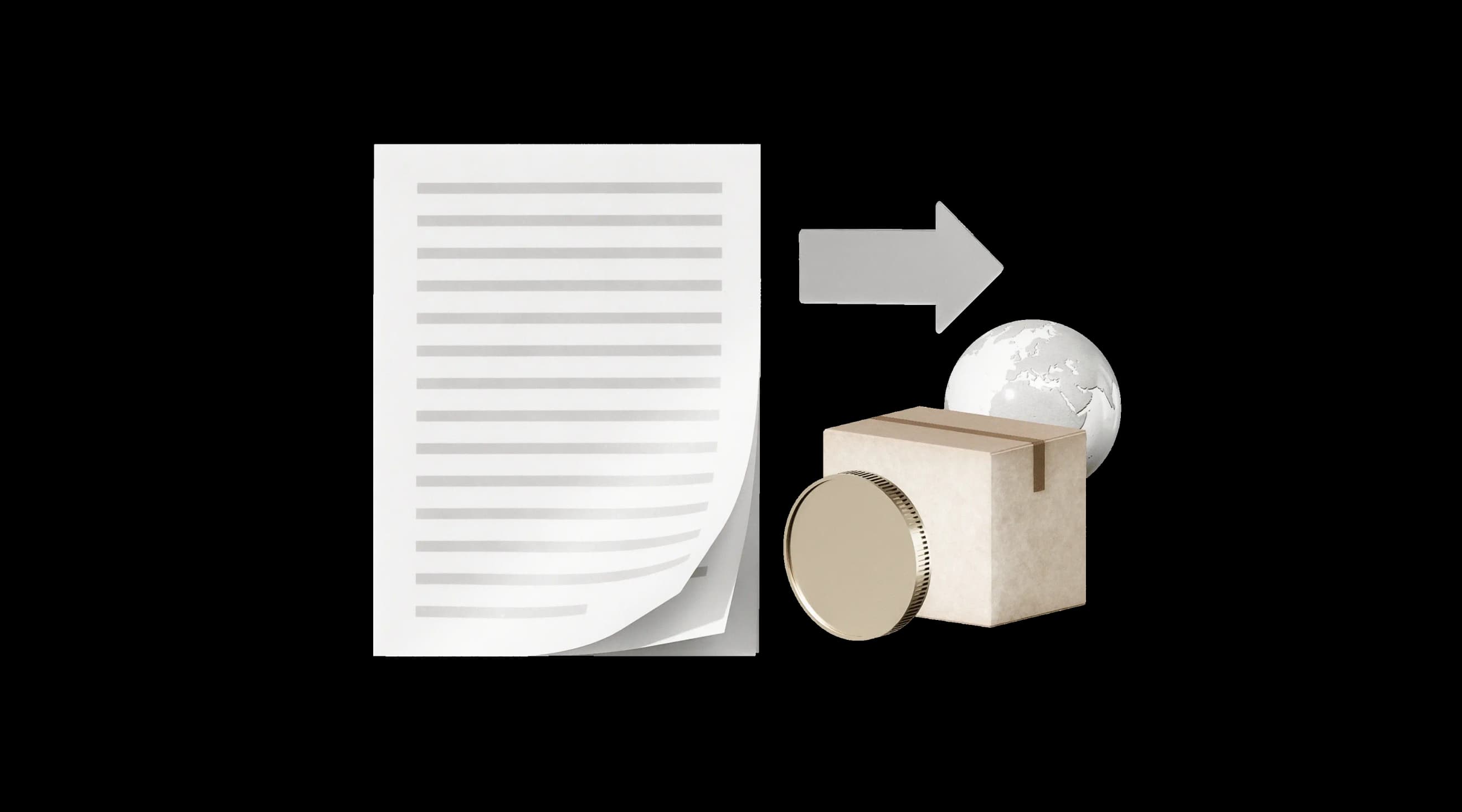 Документ поруч зі стрілкою, яка вказує на глобус із монетками та поштовою коробкою