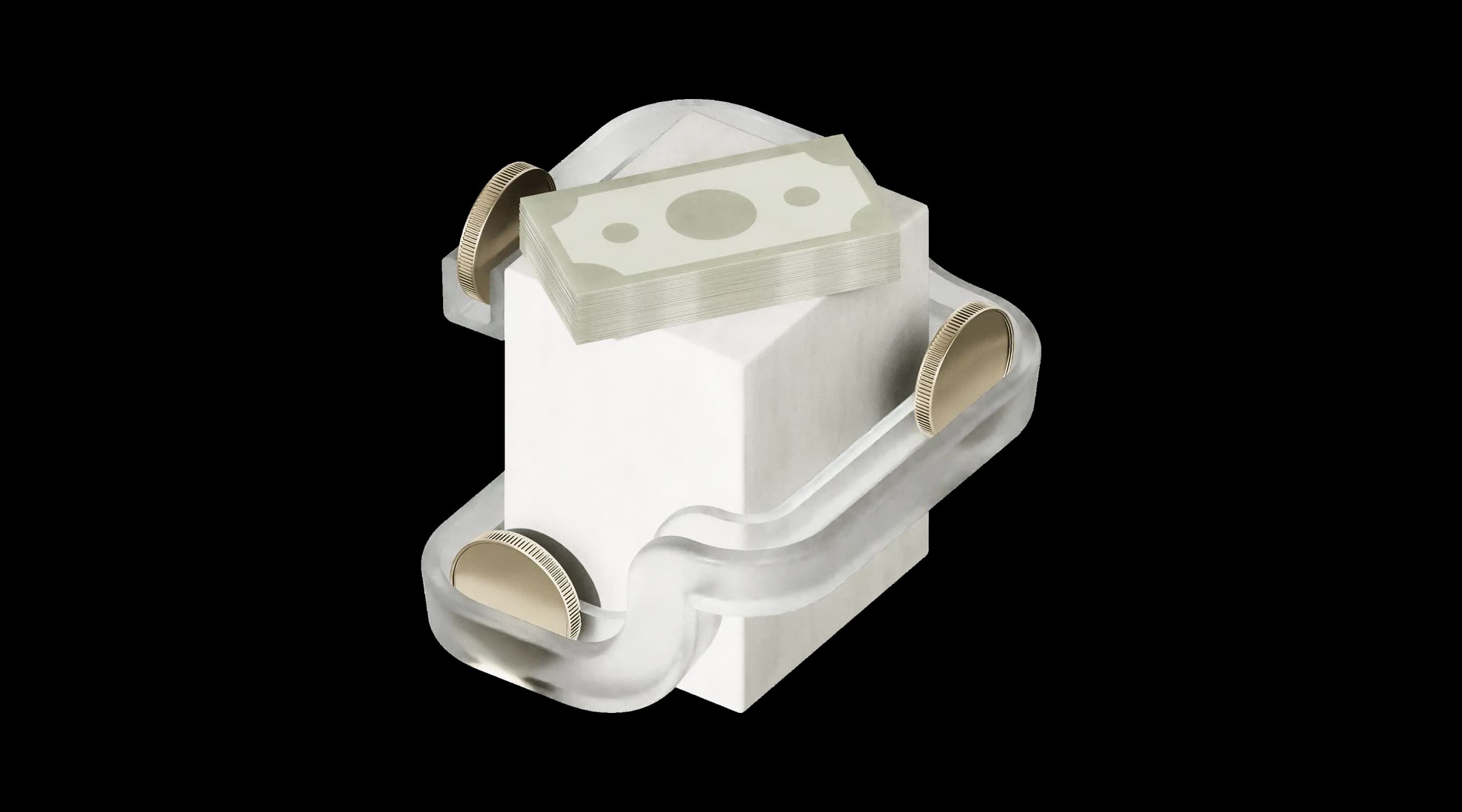 Стопка банкнот на платформі, навколо якої проходить прозора стрічка з монетами, що спадають