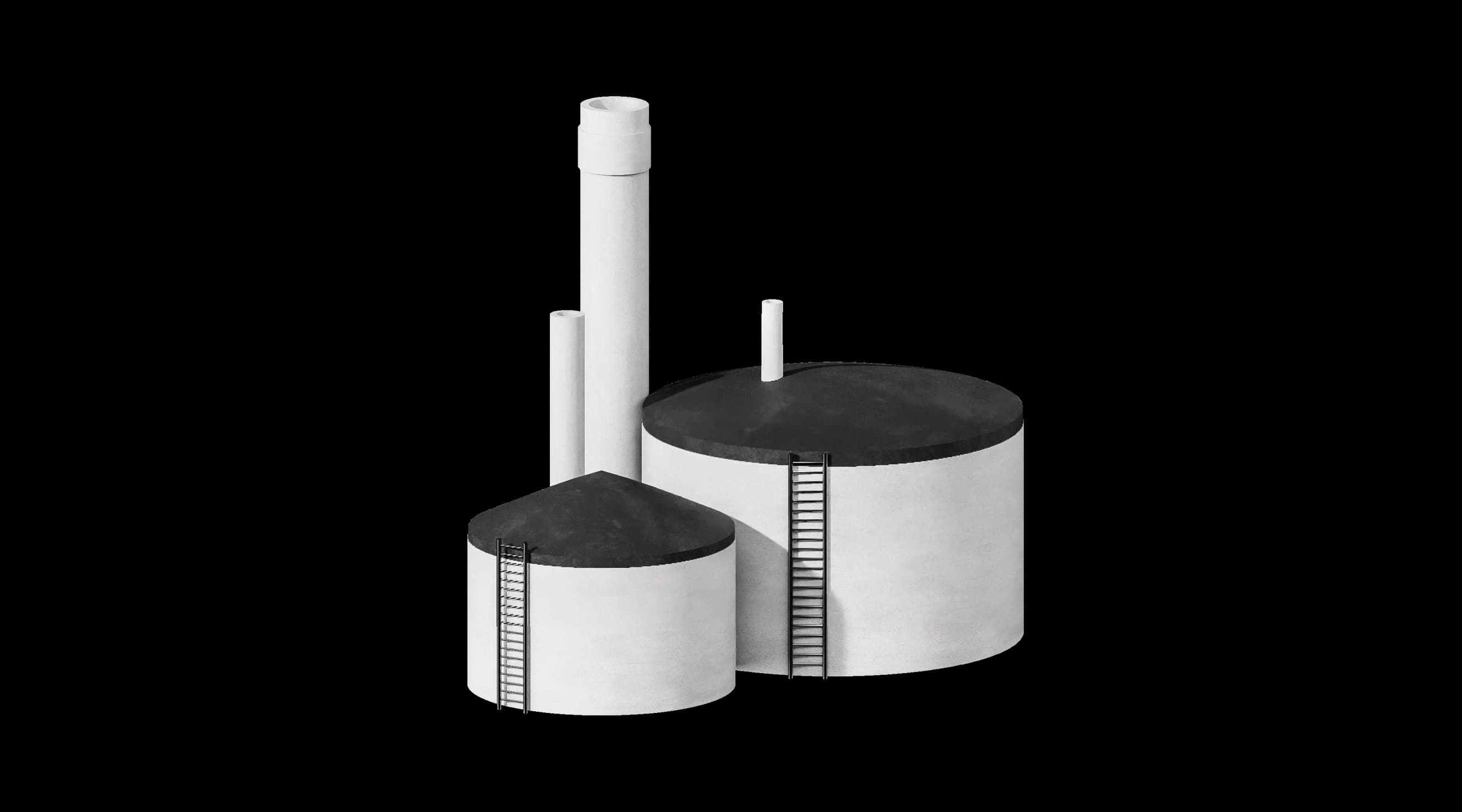 Промислові резервуари з димарями та драбинами на корпусі