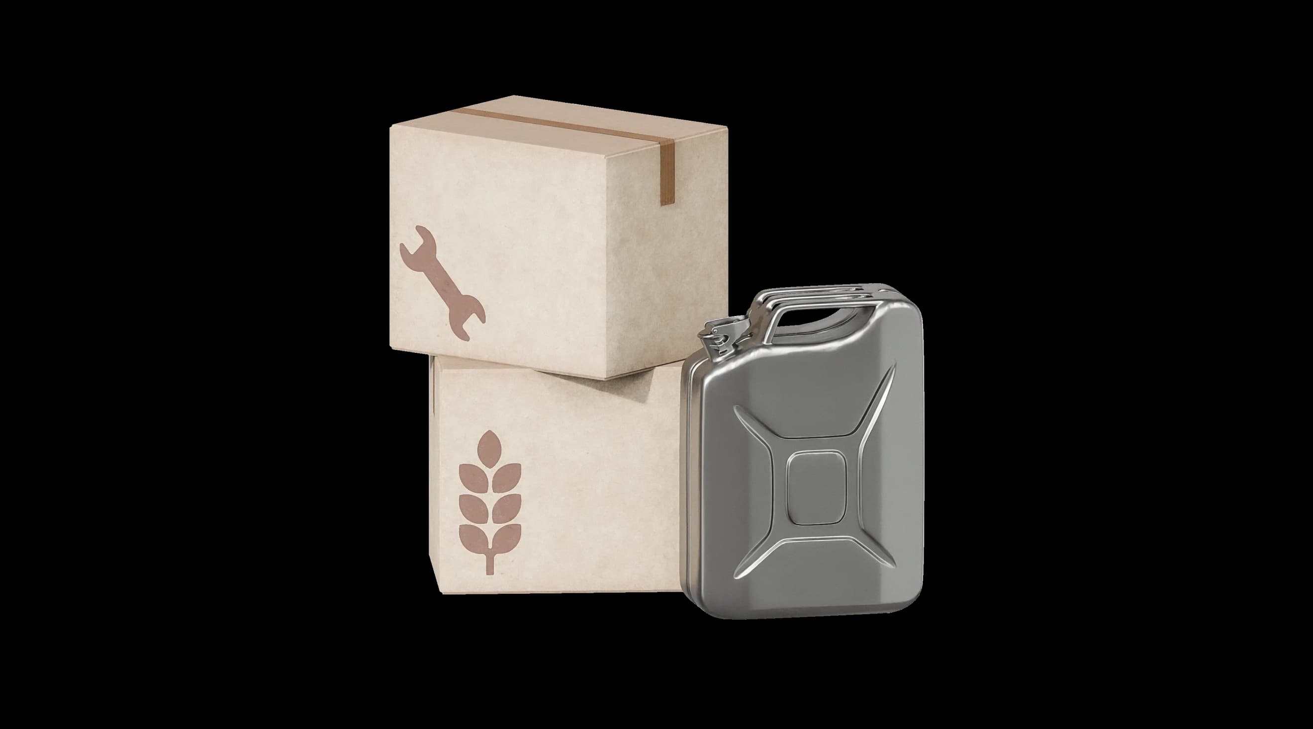 Дві коробки з піктограмами та металева каністра поруч