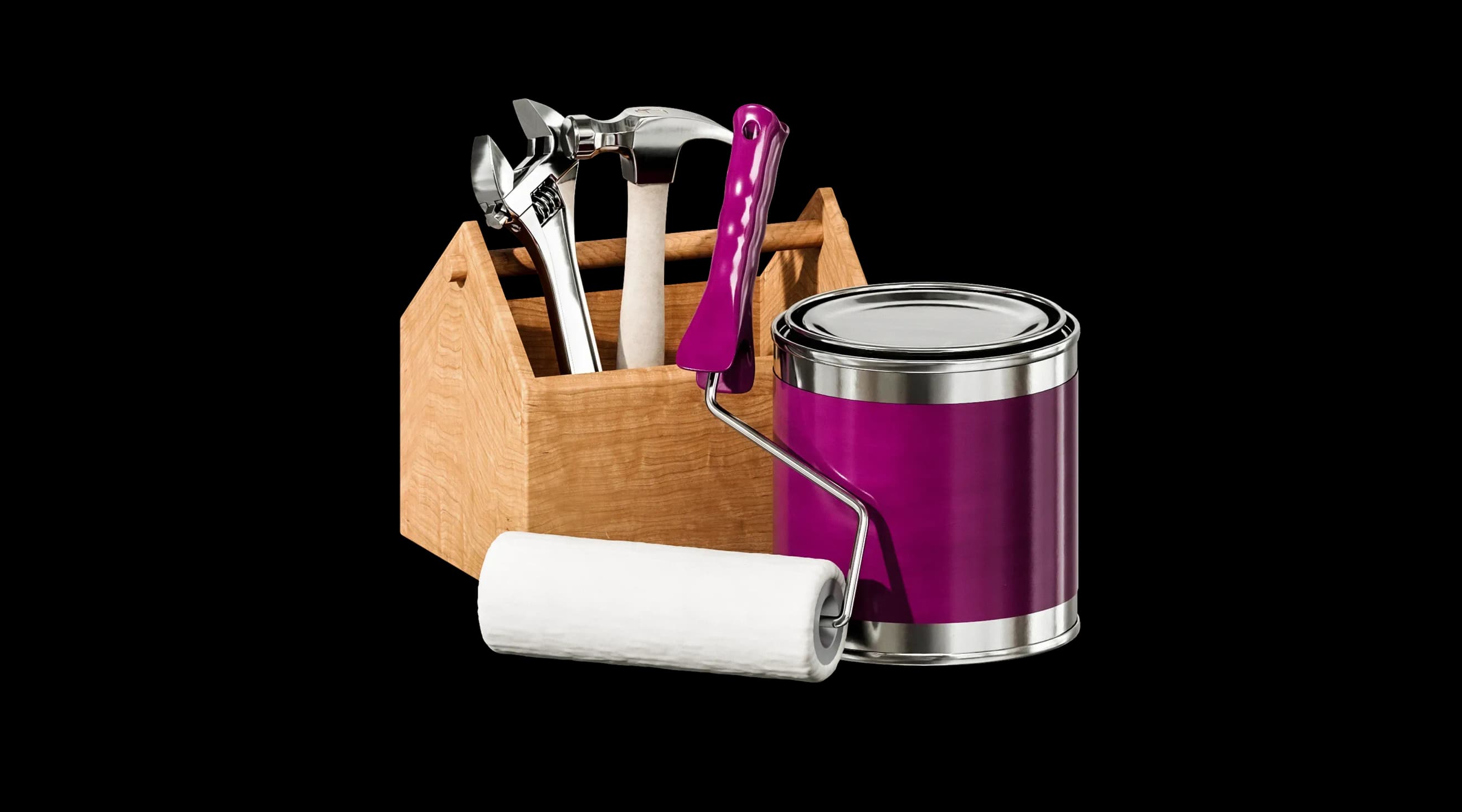 Набір інструментів у дерев’яному ящику та банка фарби з валиком