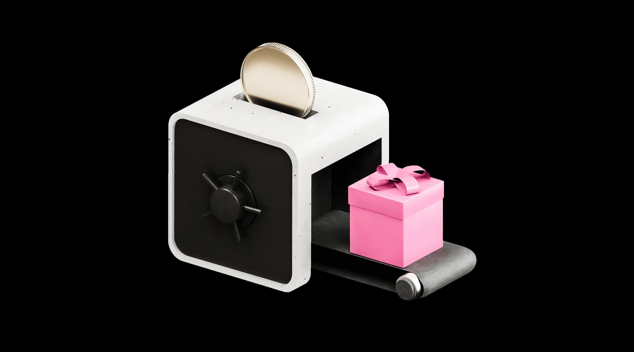Білий сейф‑скринька з монетою та рожевою подарунковою коробкою поруч на платформі