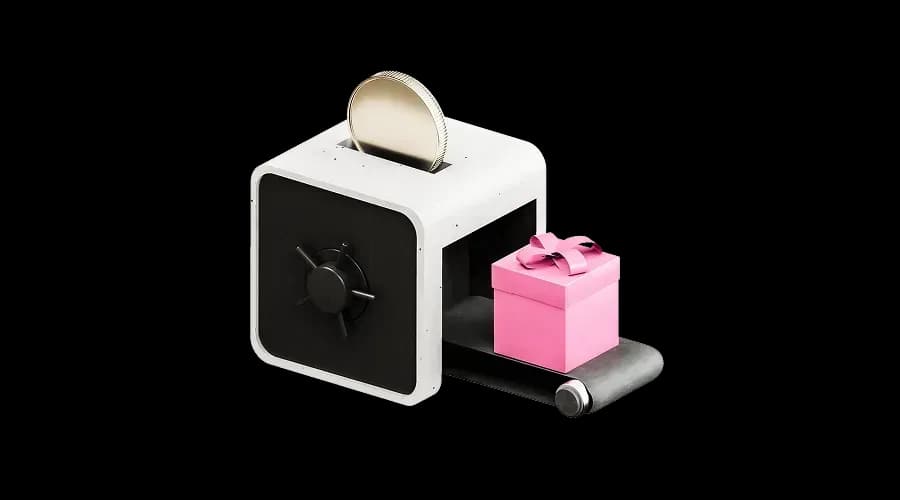 Сейф, з якого на стрічці виїжджає подарункова коробка, зверху вставлена монета
