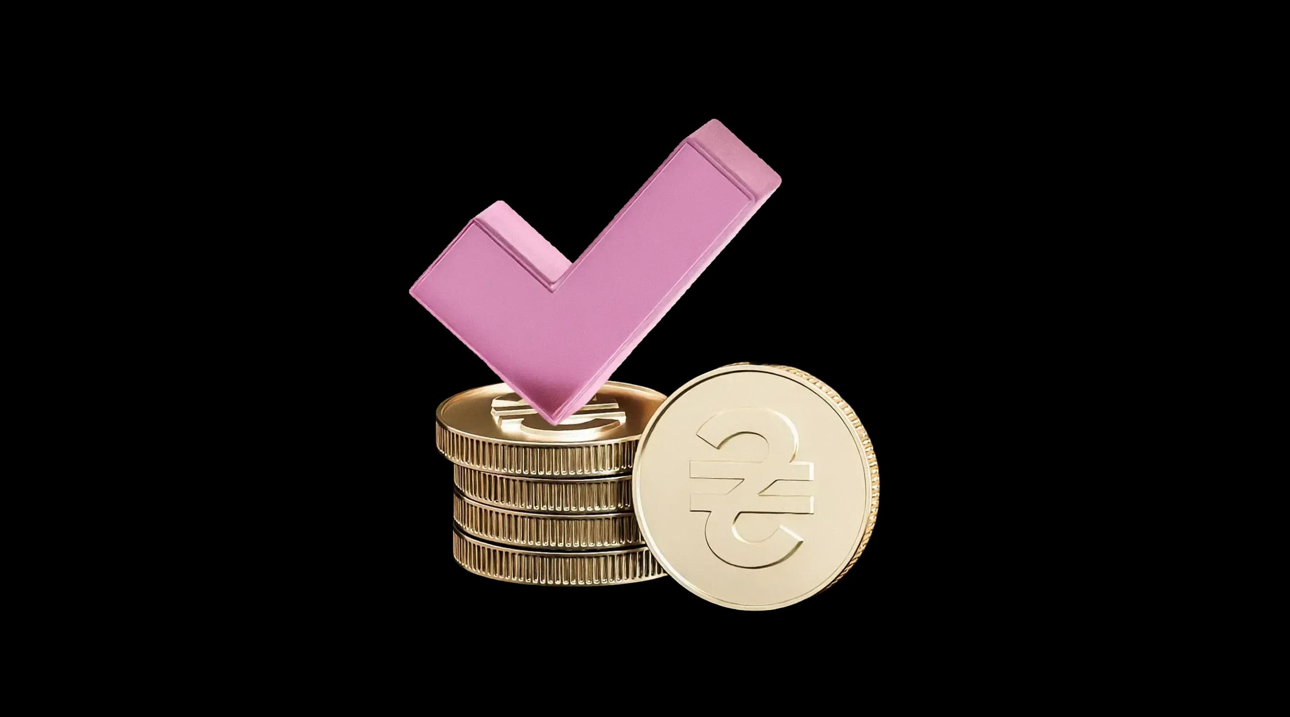 Рожевий знак‑позначка спирається на стопку золотистих монет із символом гривні