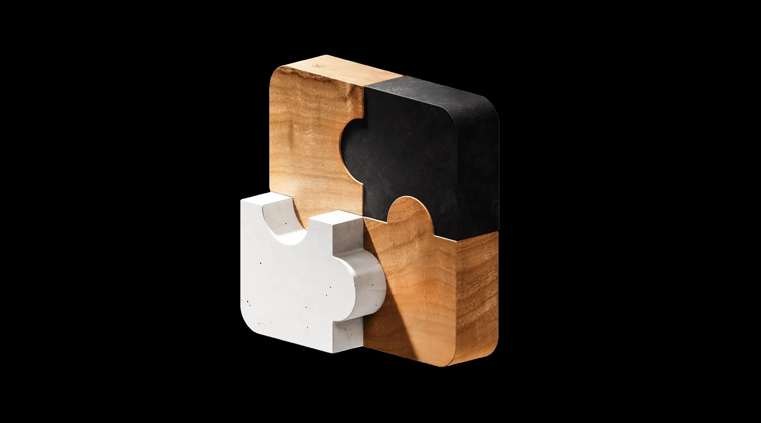 Чотири об’ємні пазлові елементи з дерева, бетону й графіту, складені в єдину форму