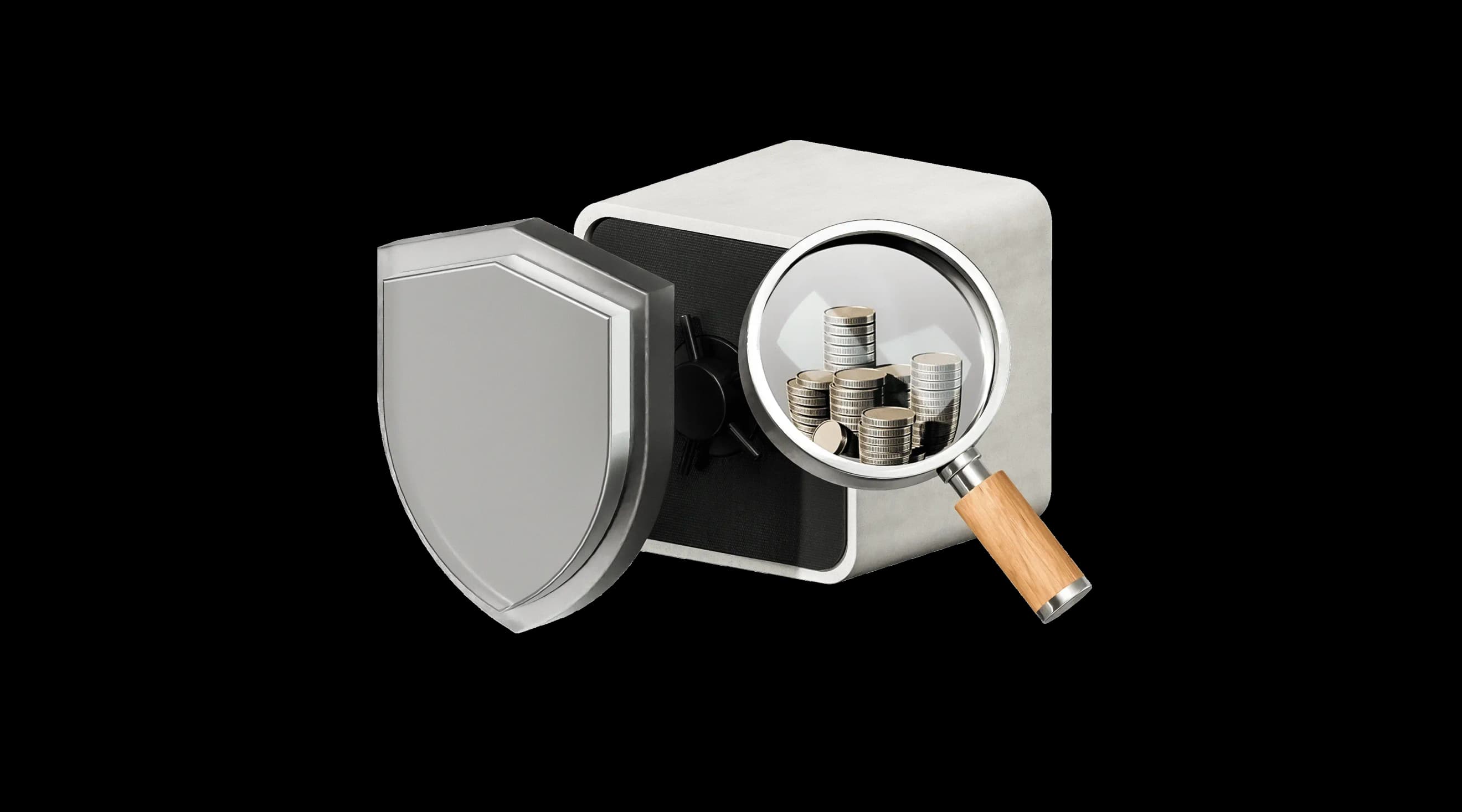 Срібний щит поруч із сейфом та збільшувальним склом, через яке видно стопки монет у сейфі