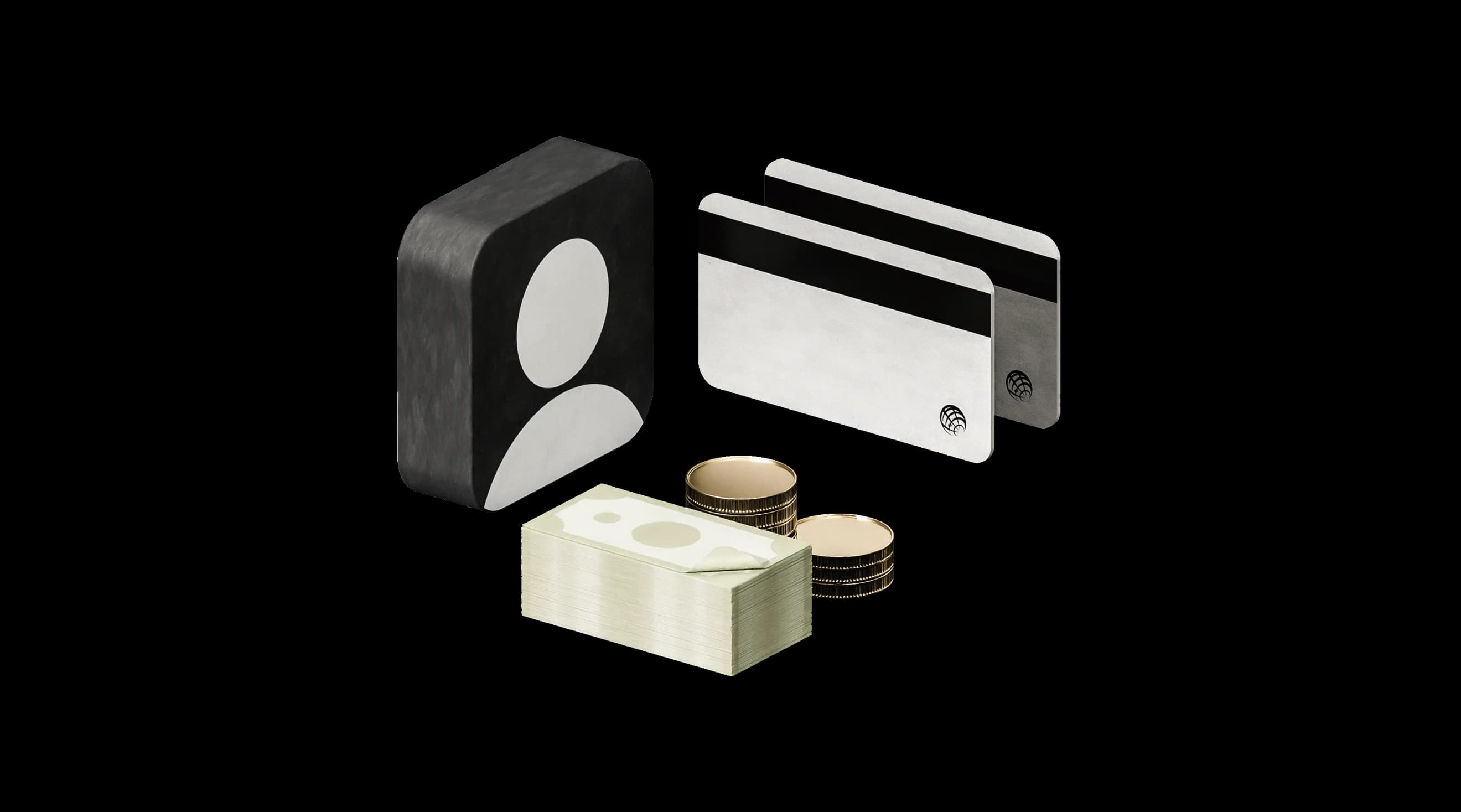 Піктограма профілю поряд із картками, стопкою купюр та монетами