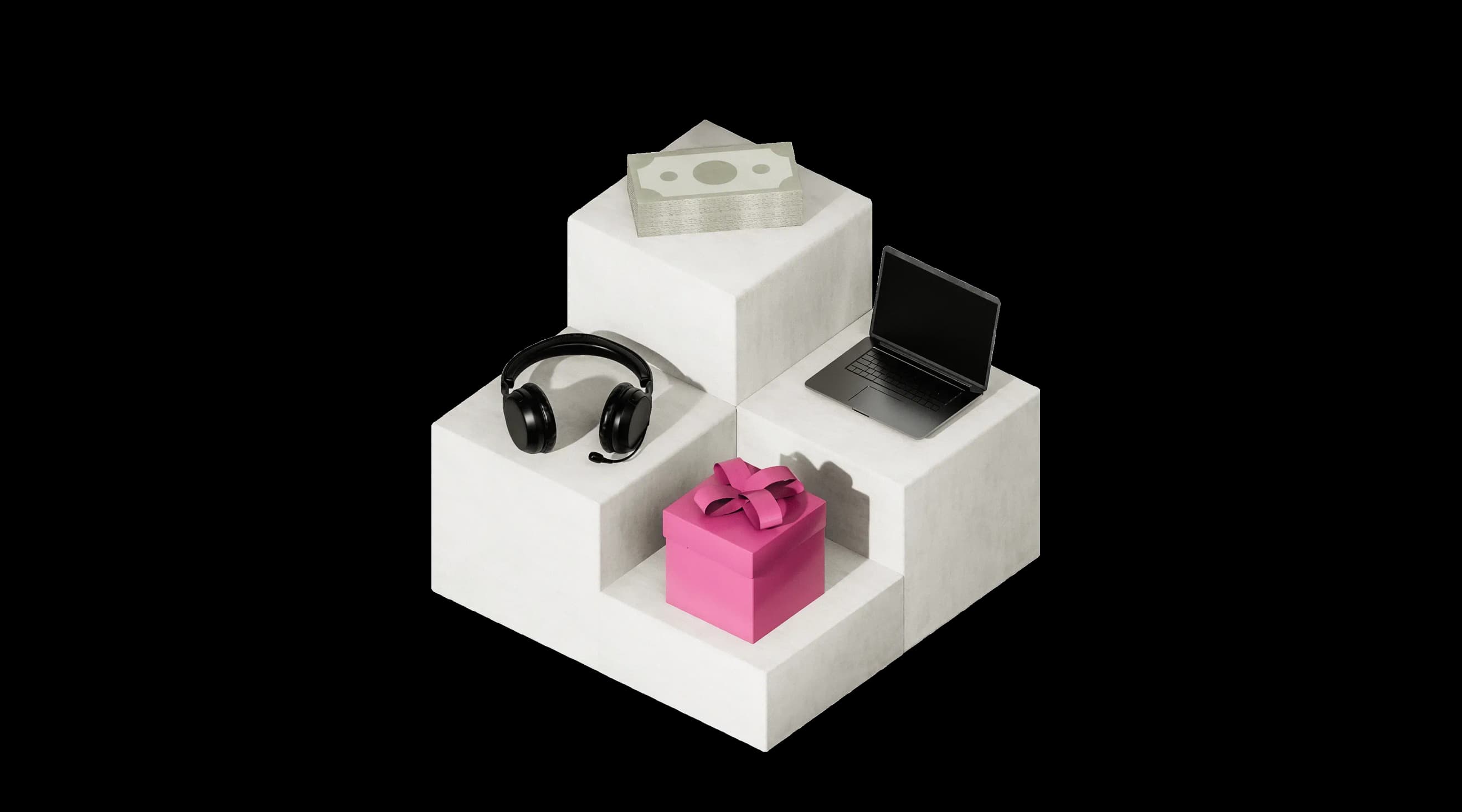 Набір предметів на білих подіумах: навушники, подарункова коробка, ноутбук та стос грошей